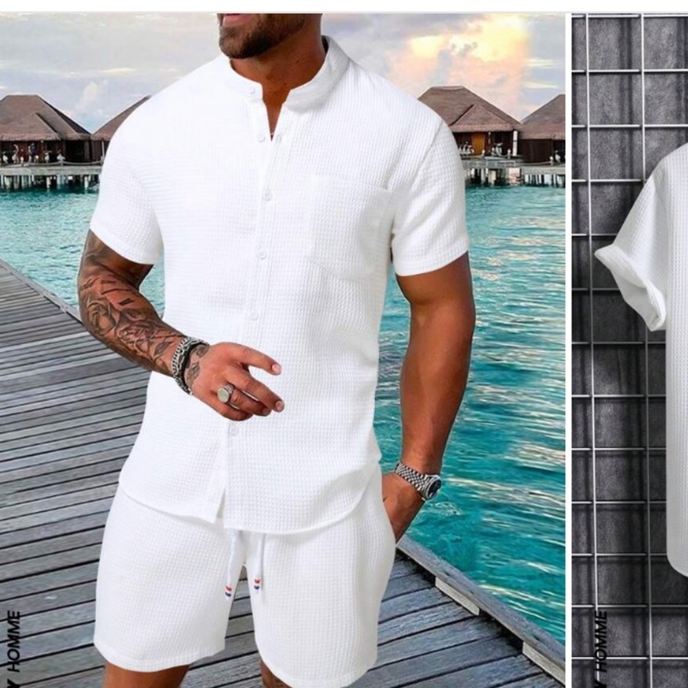 All white button up shirt and shorts set (brand new/never worn) Size medium